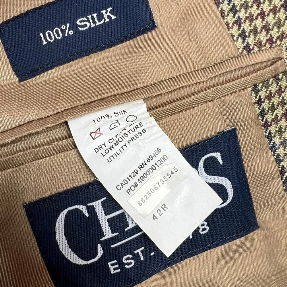 Vintage 90s CHAPS Houndstooth 100% Silk Blazer Sport Coat Men 42R Tan Prep Ivy‎